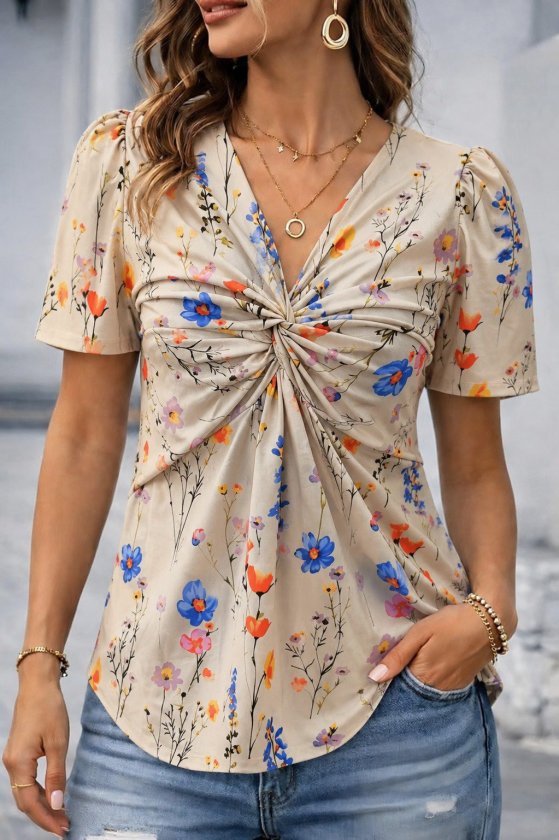 Women's Short Sleeve V Spiral Collar Floral Patterned Supreme Blouse