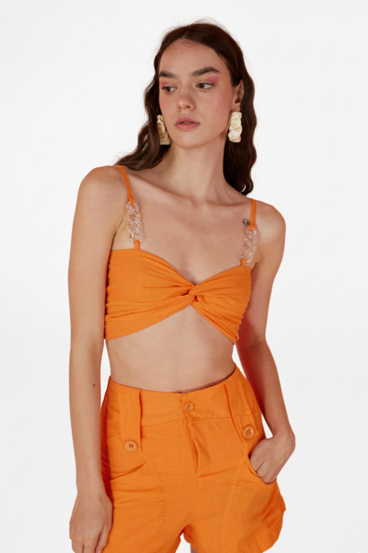 Koton Kumaş Şeffaf Rise Zincir Detaylı Bluz Turuncu