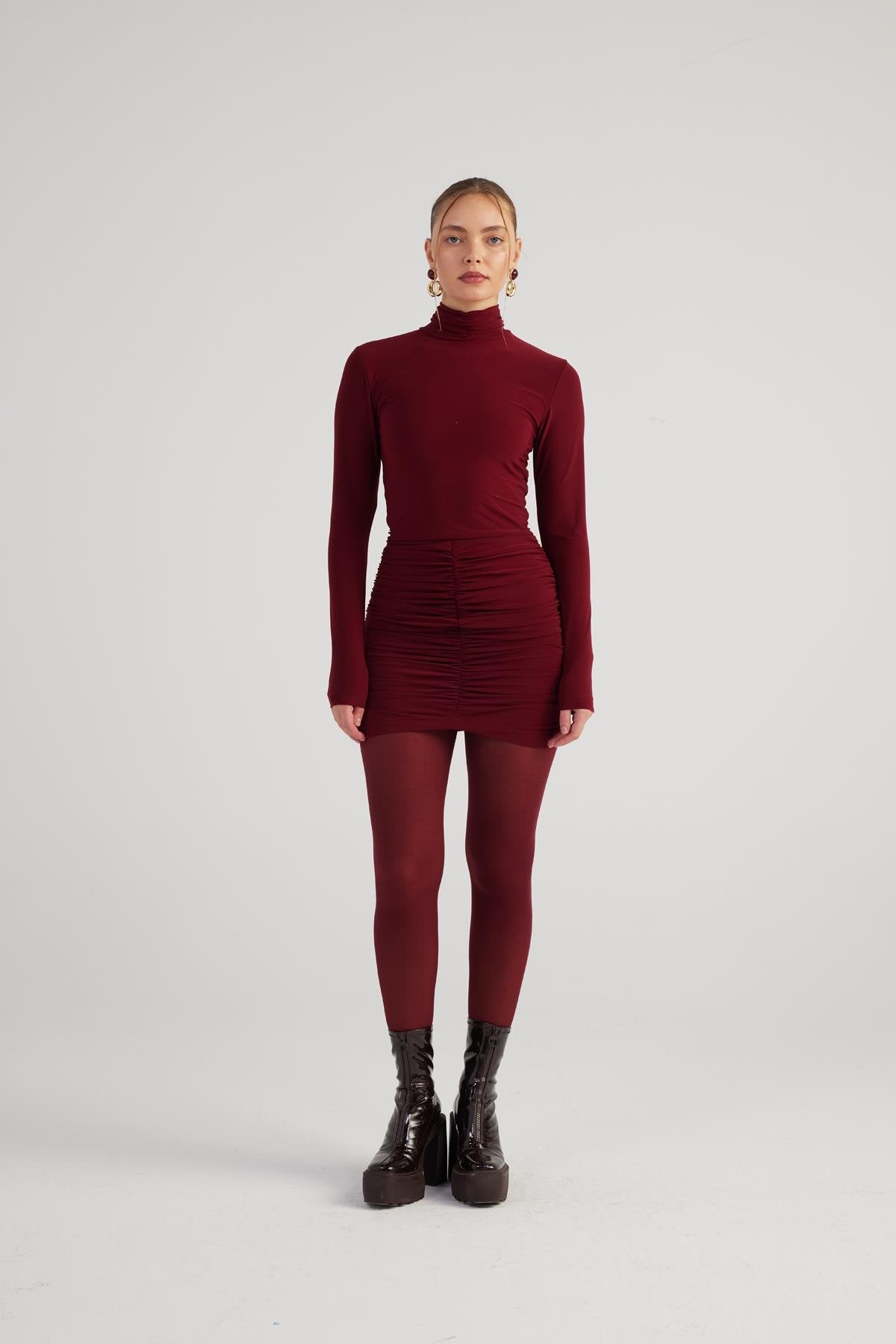 Balıkçı Yaka Büzgülü Mini Tami Elbise Bordo Bordo L