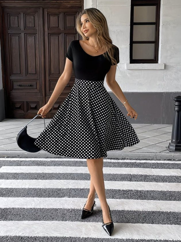 Women's Short Sleeve V-Neck Top Viscose Bottom Polka Dot Short Knit Crepe Dress