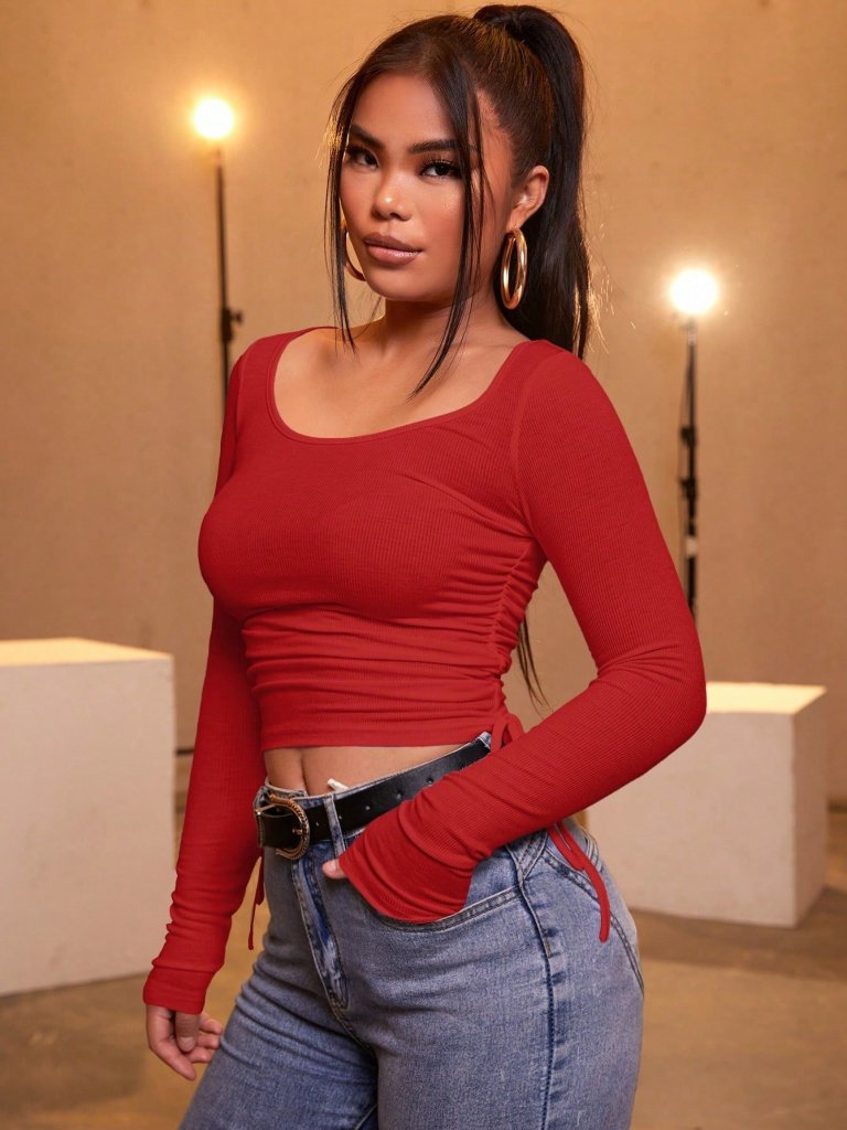 Women's Red Ribbed Fabric Blouse