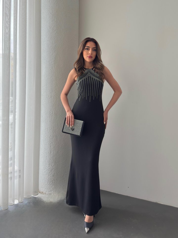 Women's Multi-Strap Shoulder Front Stone Embellished Fish-Cut Ruffled Crepe Maxi Dress
