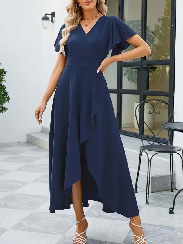 Women's Short Sleeve Wrap Neck Front Asymmetric Ruffled Long Imported Crepe Dress