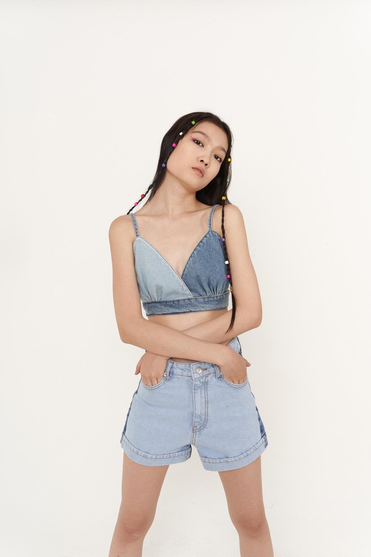 Yüksek Bell, Çift Renkli Mini Ocean Jean Şort Mavi