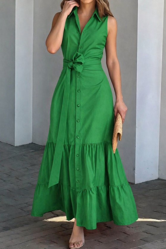 Women's Sleeveless Collar Front Button Waist Belt Long Tricot Dress