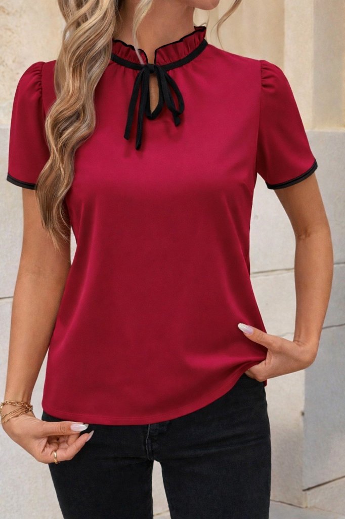 Women's Short Sleeve Ruffled Collar Tie Janjan Crepe Blouse