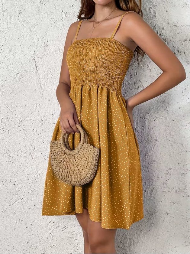 Women's Spaghetti Strap Pleated Patterned Short Supreme Dress