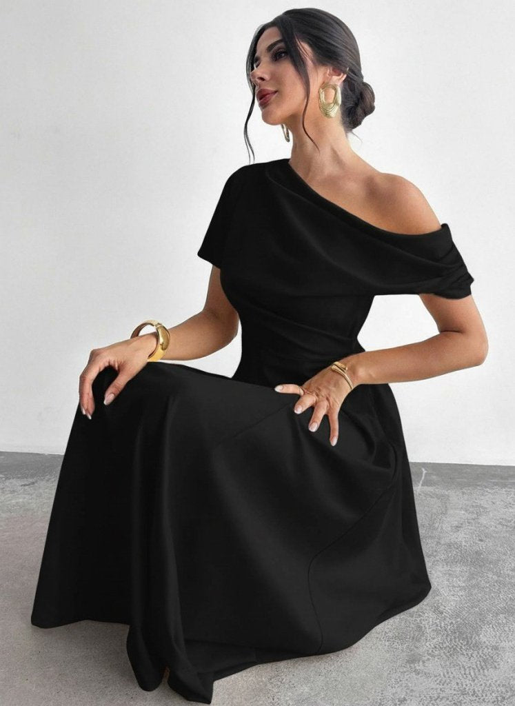 Women's Off-Shoulder Short Sleeve Pleated Shoulder Long Janjan Crepe Dress