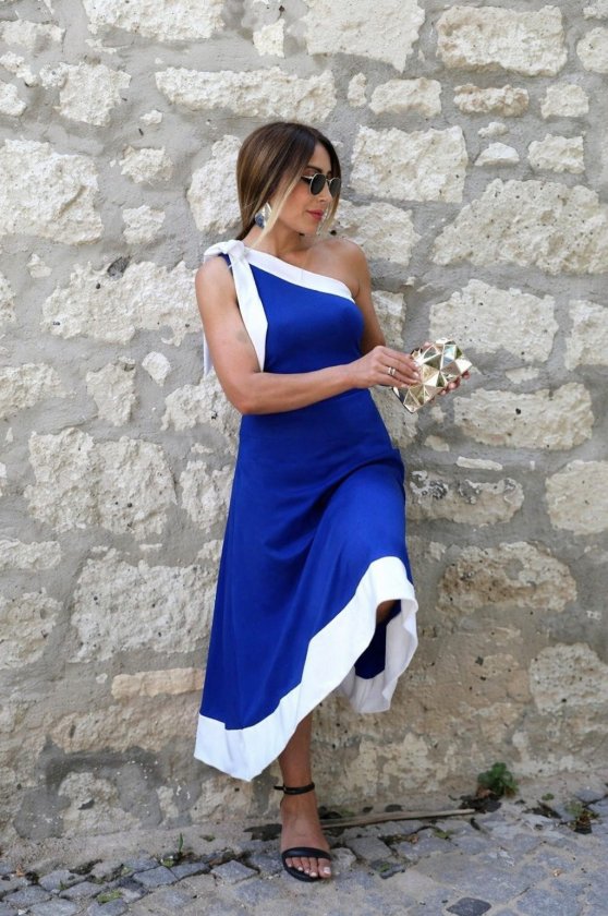 Women's One Shoulder Ribbon Detailed Two-Tone Imported Crepe Dress