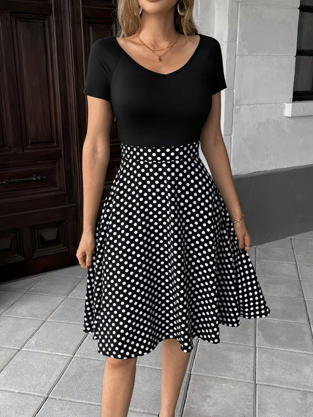 Women's Short Sleeve V-Neck Top Viscose Bottom Polka Dot Short Knit Crepe Dress