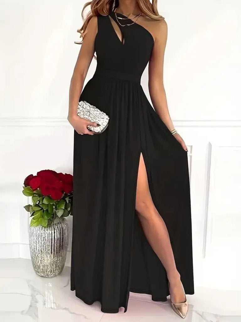 Women's Off-Shoulder Asymmetric Neck Detail Side Slit Maxi Ruffled Crepe Dress