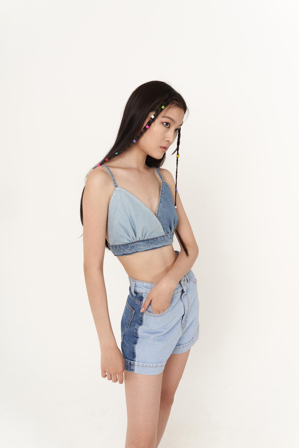 Yüksek Bell, Çift Renkli Mini Ocean Jean Şort Mavi