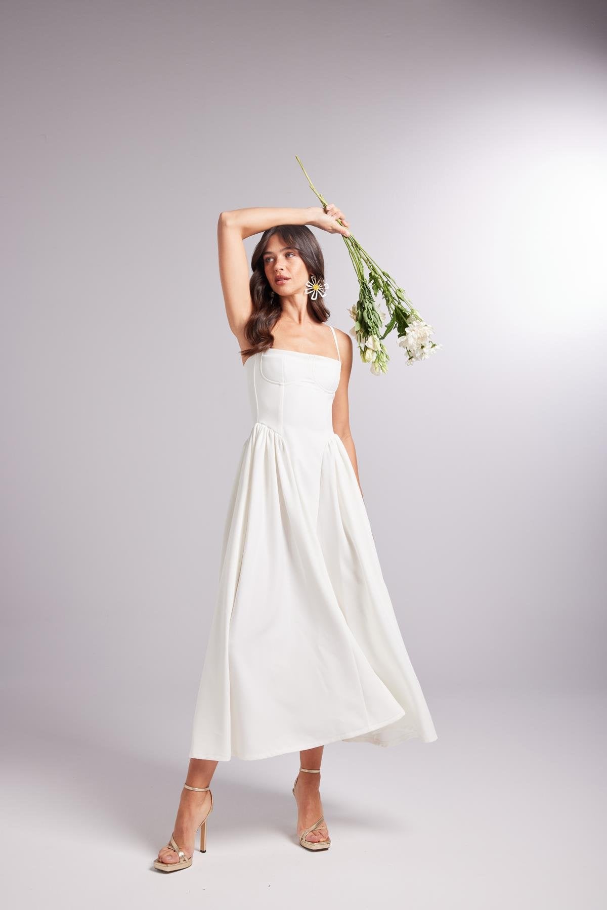 Askılı Gloplu Uzun Bridged Elbise Beyaz