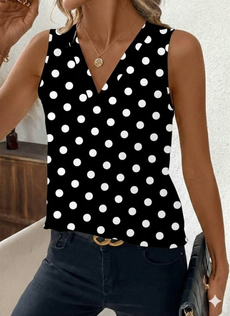 Women's Strappy V Neck Polka Dot Supreme Blouse