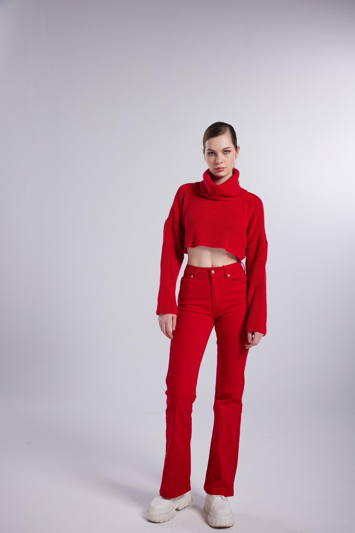 Yüksek Bel Slim Flare Likralı Alert Jean Pantolon Kırmızı