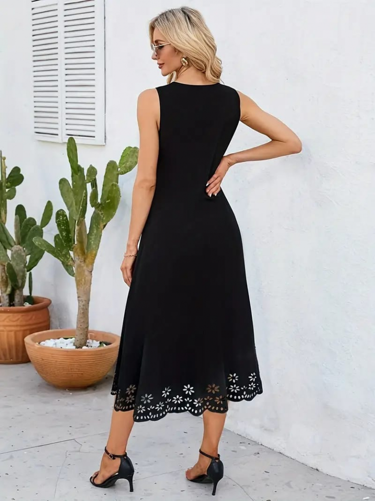 Women's Sleeveless Laser-Cut Hem Floral Pattern Midi Ruffled Crepe Dress
