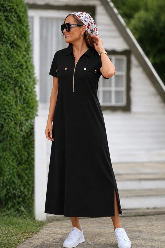Women's Short Sleeve Collared Long Viscose Double Thread Dress with Zipper