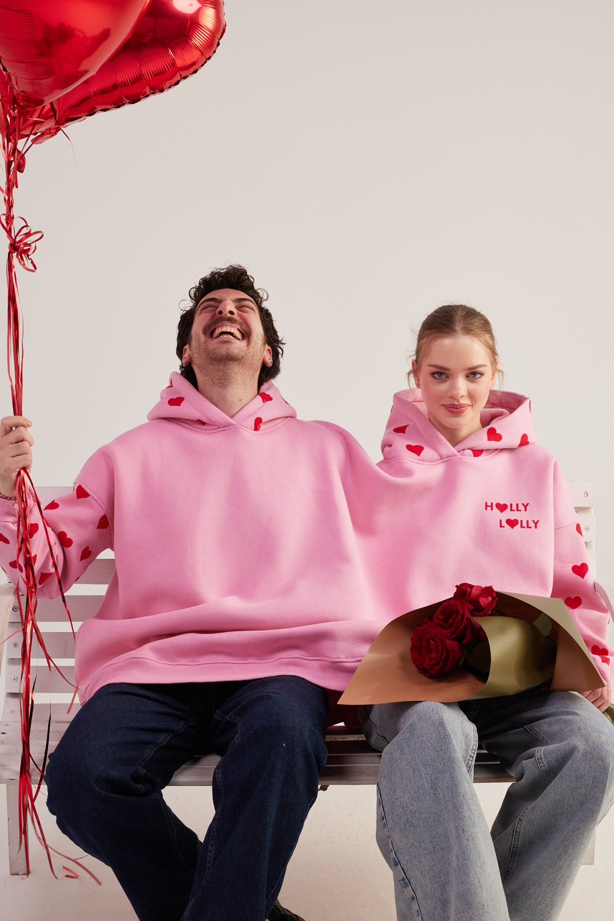 Kalp Baskılı Çift Giyilir Lovebombing Sweatshirt Pembe