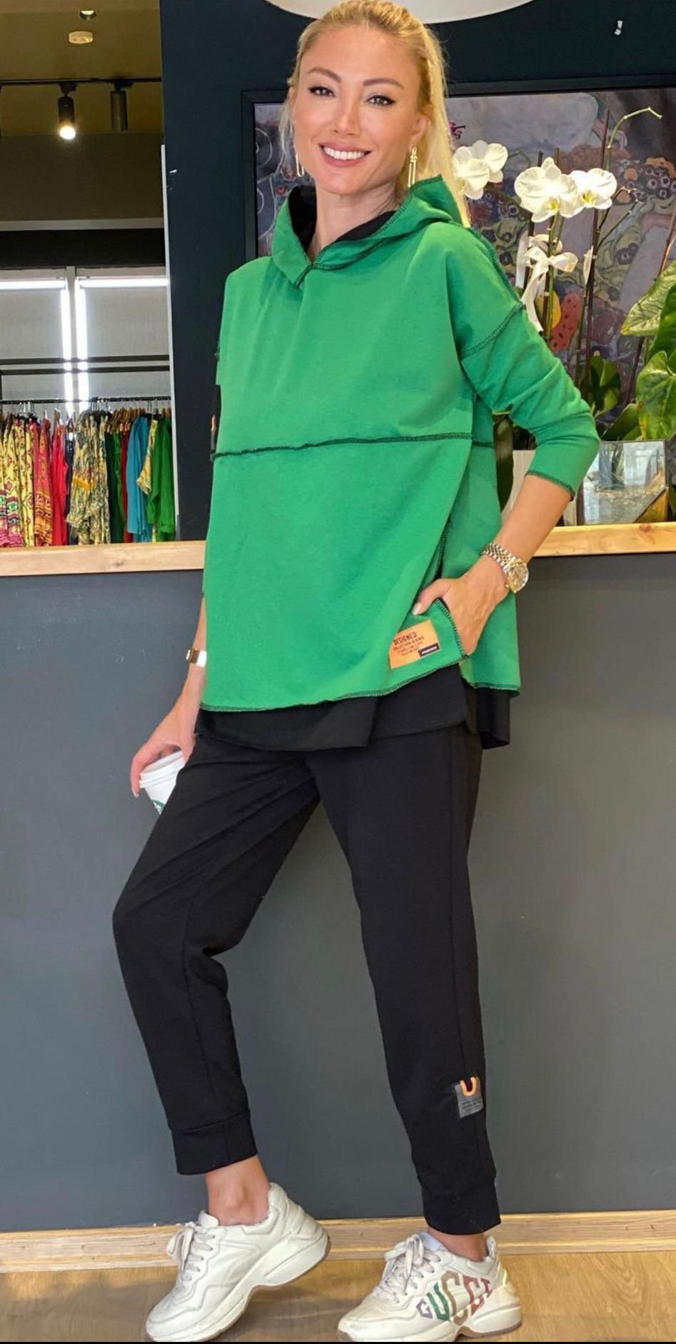 Women's Green Hooded Hem Detail Patch Reverse Stitch Appearance Two-Piece Set