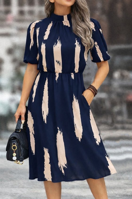 Women's Short Sleeve Half Turtleneck Pocketed Patterned Midi Dress
