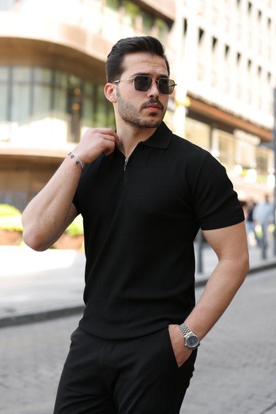 Erkek Fermuarlı Yakalı Kısa Kollu Tshirt