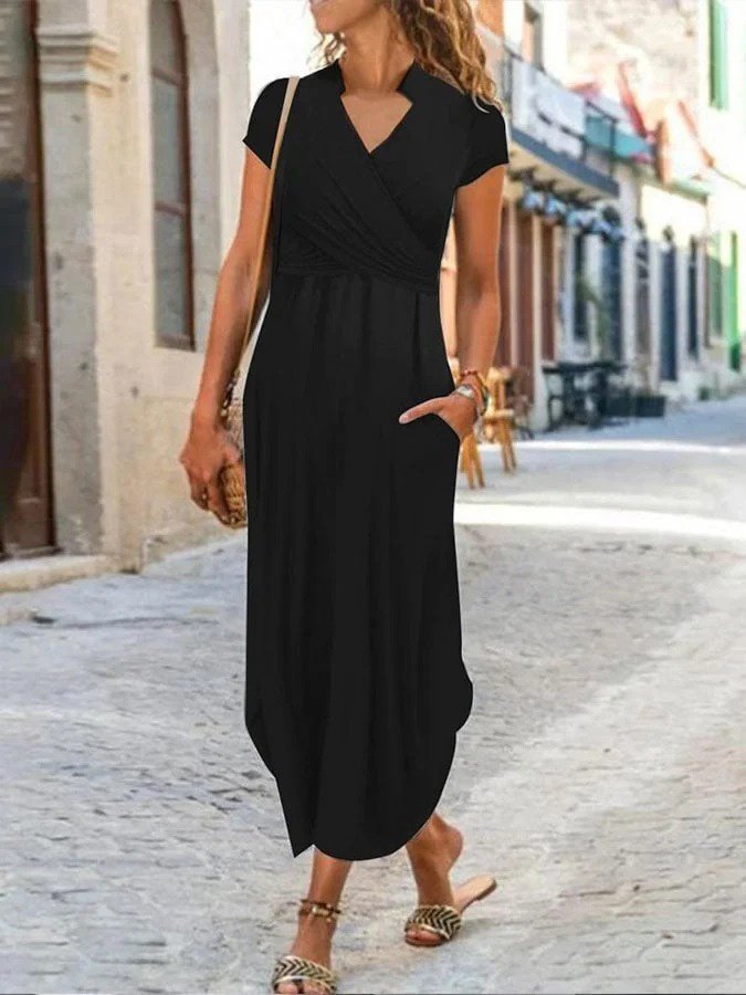 Women's Short Sleeve Mandarin V Neck Viscose Dress