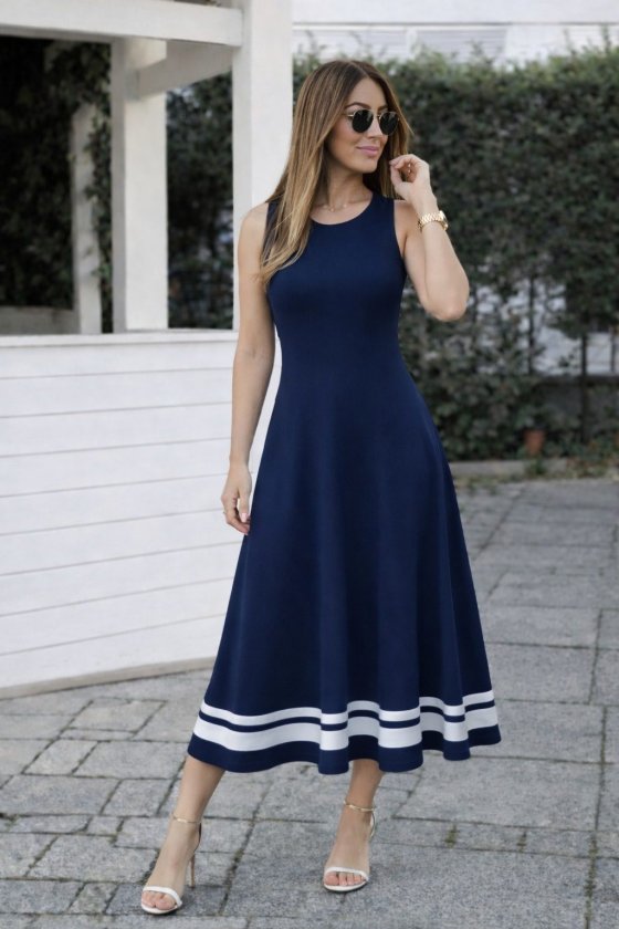 Women's Strappy Round Neck Hem Stripe Detailed Long Viscose Dress