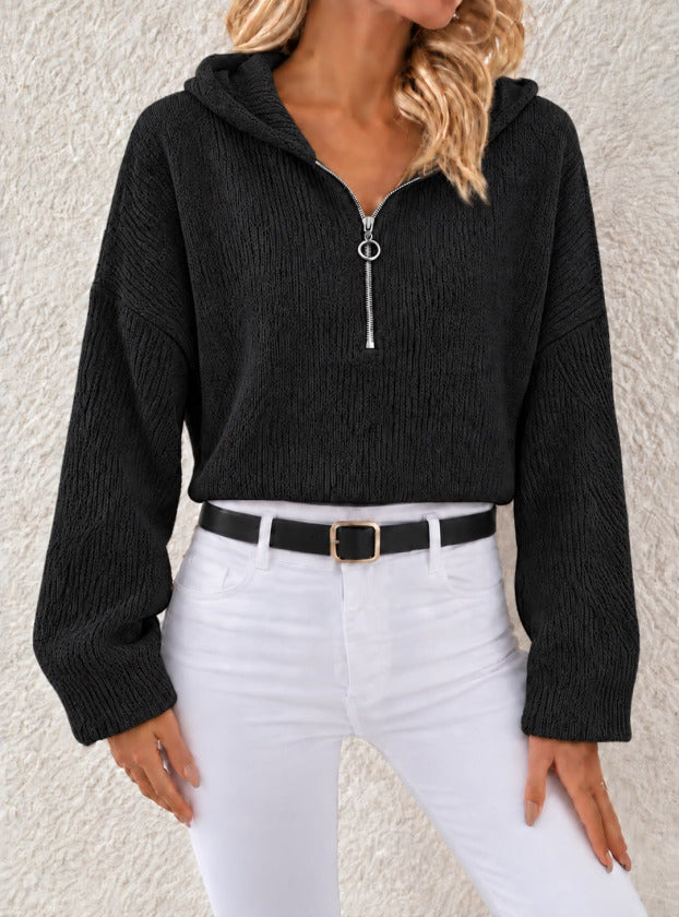 Kapüşonlu Fermuarlı Dokulu Sweatshirt