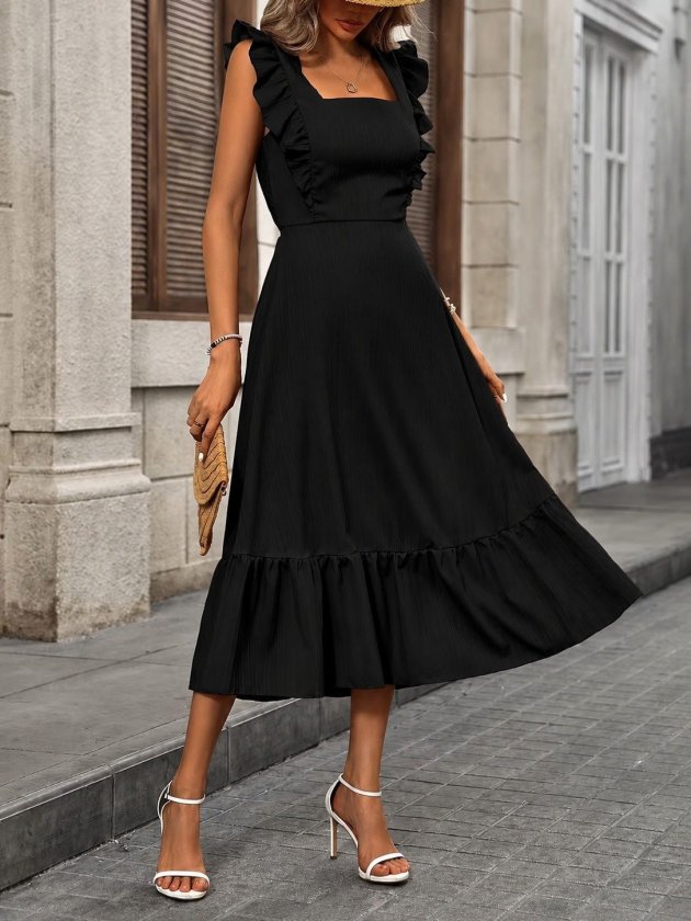 Women's Spaghetti Strap Ruffled Square Neck Back Tie Midi Aerobin Dress