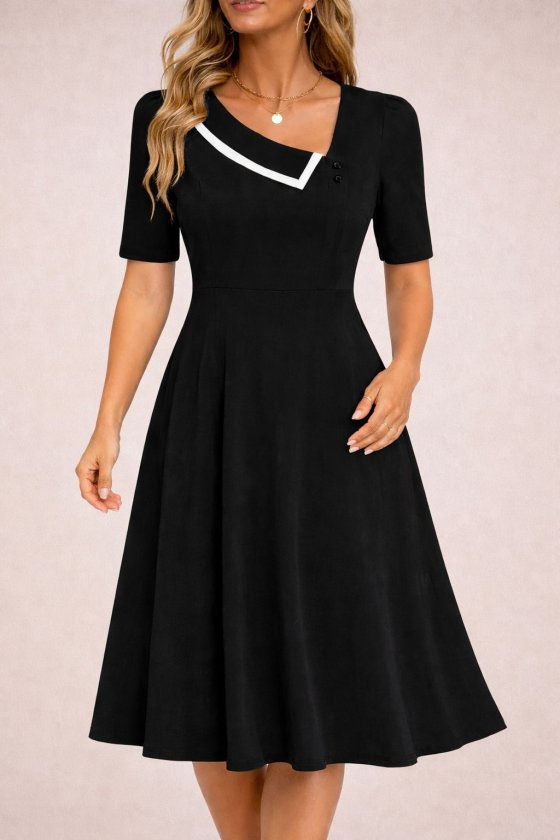 Women's Short Sleeve Asymmetric Collar Detailed Midi Ruffle Crepe Dress