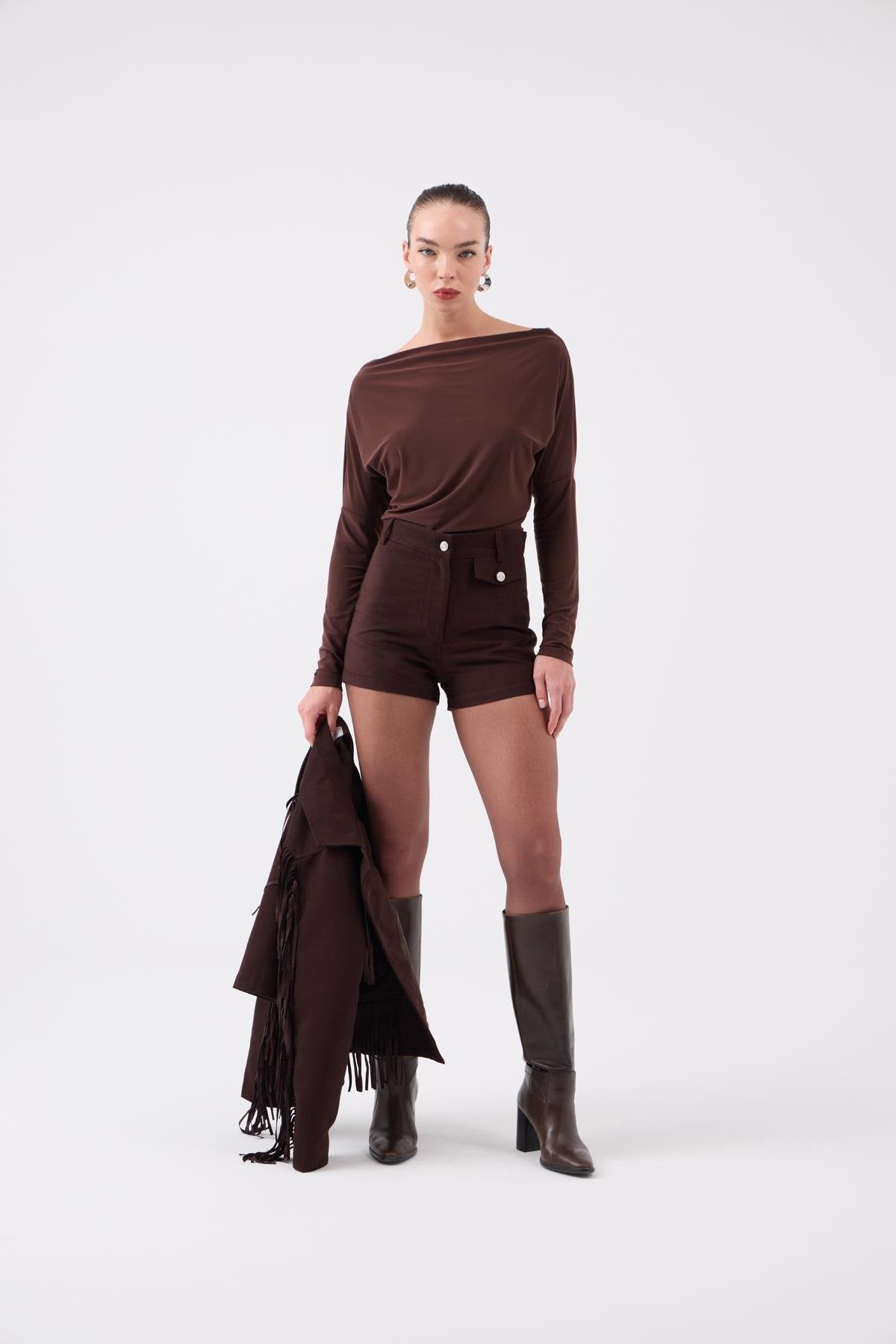 Yüksek Bel Mini Valeri Süet Şort Kahve Kahve L