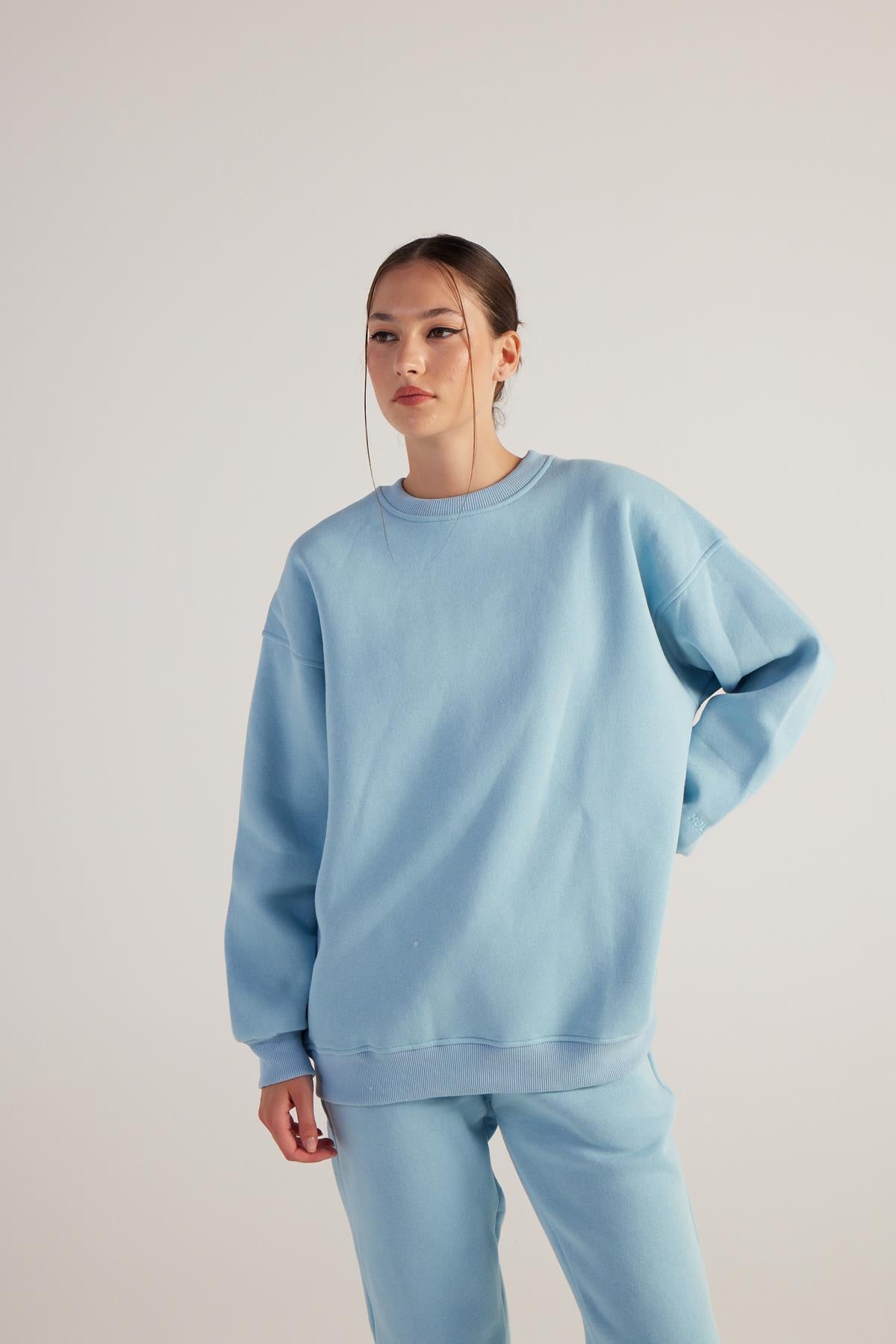 Kadın Mavi Oversize Şardonlu Yazı Baskılı Fluffy Sweatshirt