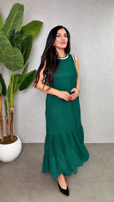 Women's Strappy Round Neck Chiffon Hem Detail Long Viscose Double Thread Dress