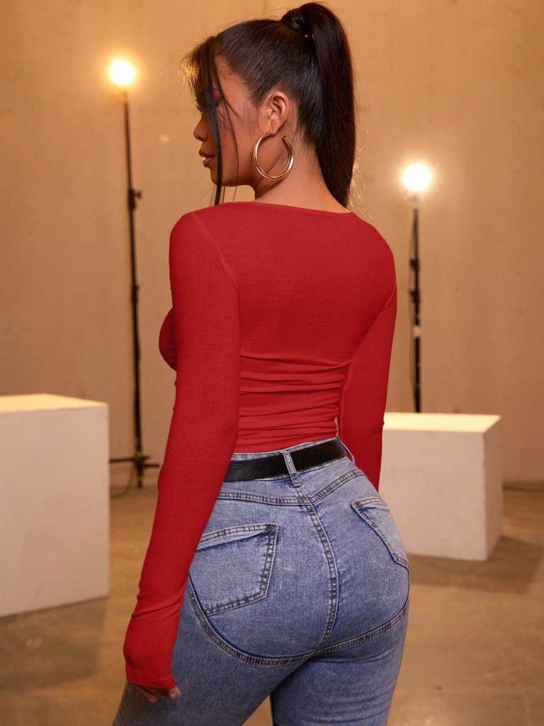 Women's Red Ribbed Fabric Blouse