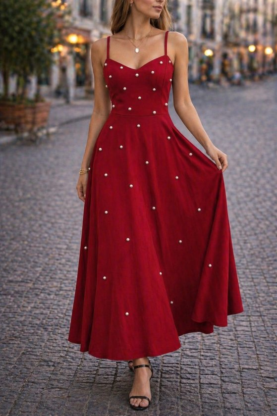 Women's Spaghetti Strap V-Neck Pearl Detailed Long Ruffled Crepe Dress