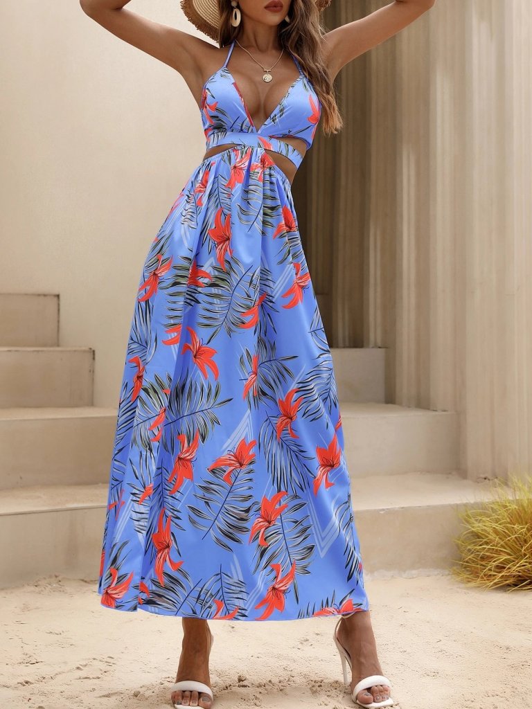 Women's Strap Neck-Tied V-Neck Slit Long Patterned Supreme Dress