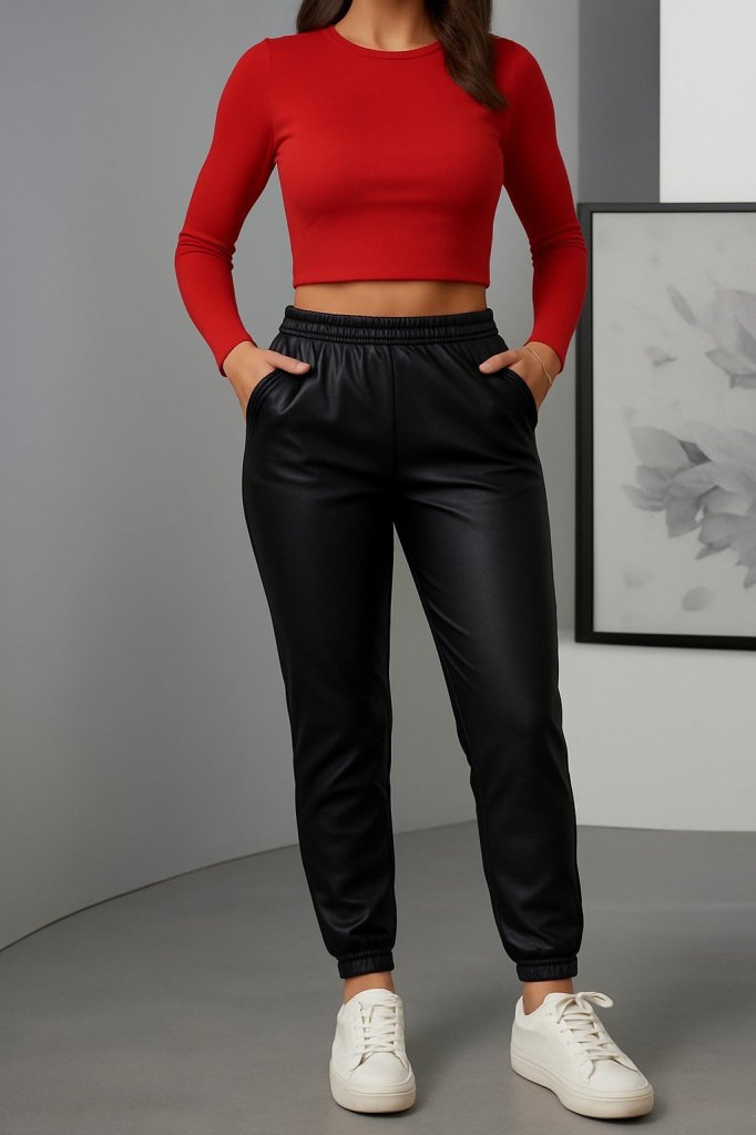 Women's Leather Leggings with Elastic Cuffs and Pocket Details