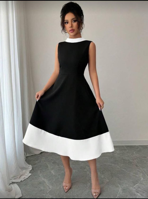 Kadın Bisiklet Yaka çift Renk çan Etek Detay Krep Kumaş Maxi Boy Elbise