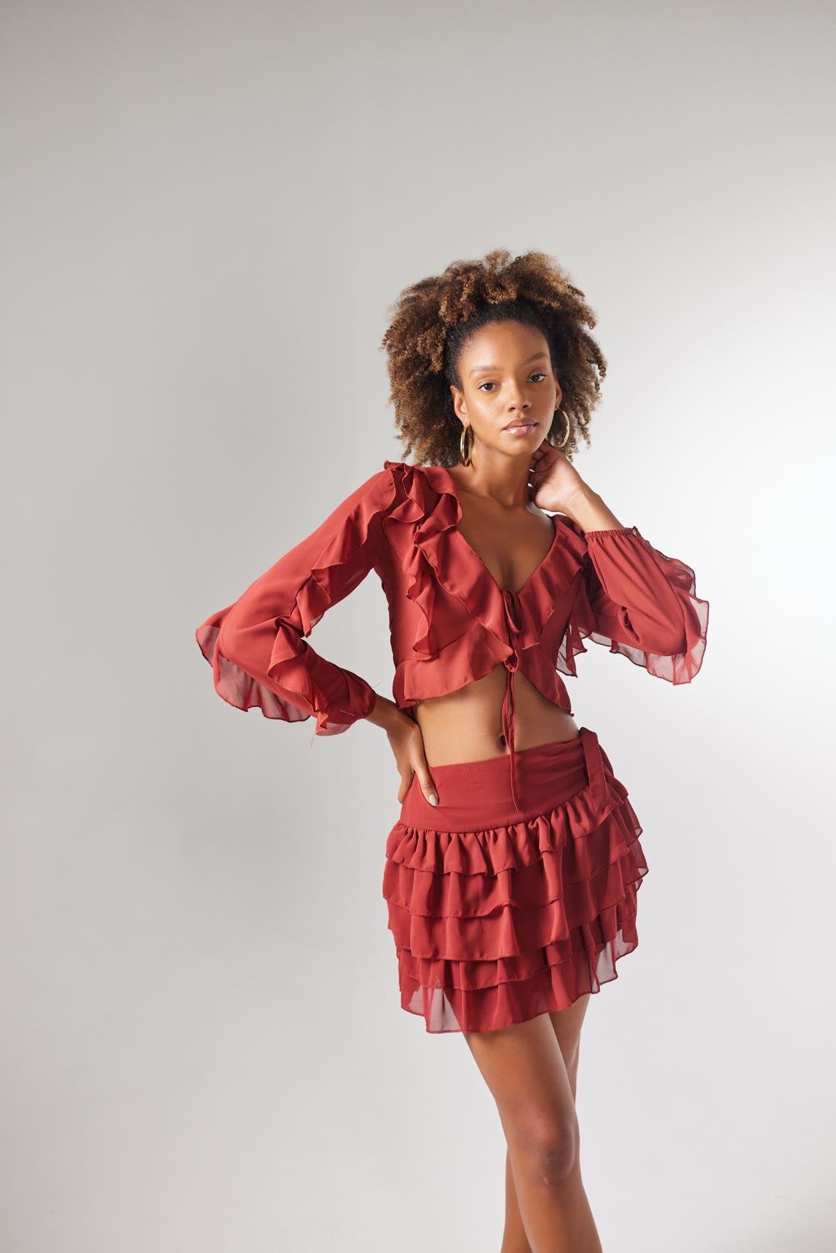 Beli Lastikli Volanlı Mini Elsa Etek Kahve