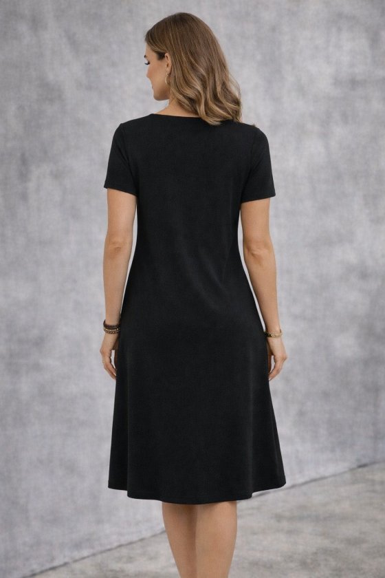 Women's Short Sleeve V-Neck Midi Viscose Dress with Decorative Pocket Detail