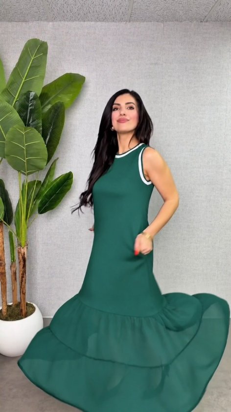 Women's Strappy Round Neck Chiffon Hem Detail Long Viscose Double Thread Dress