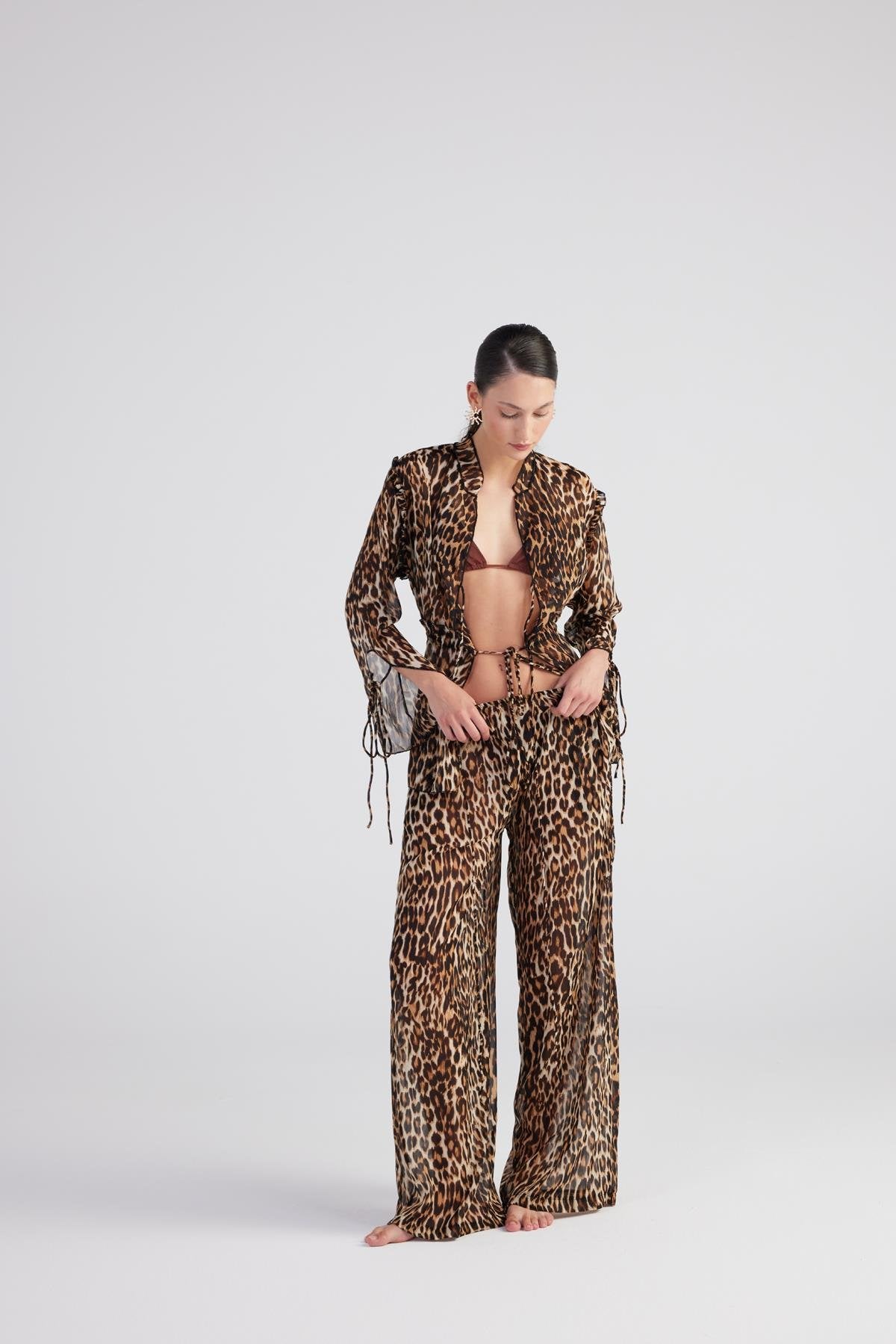 Beli Lastikli Leopar Desenli Şifon Savage Pantolon Kahve Kahve L