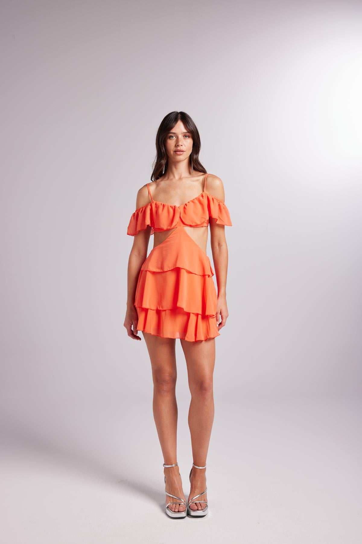Mini Boy Dekolteli Açık Omuz Detaylı Ruby Elbise Turuncu