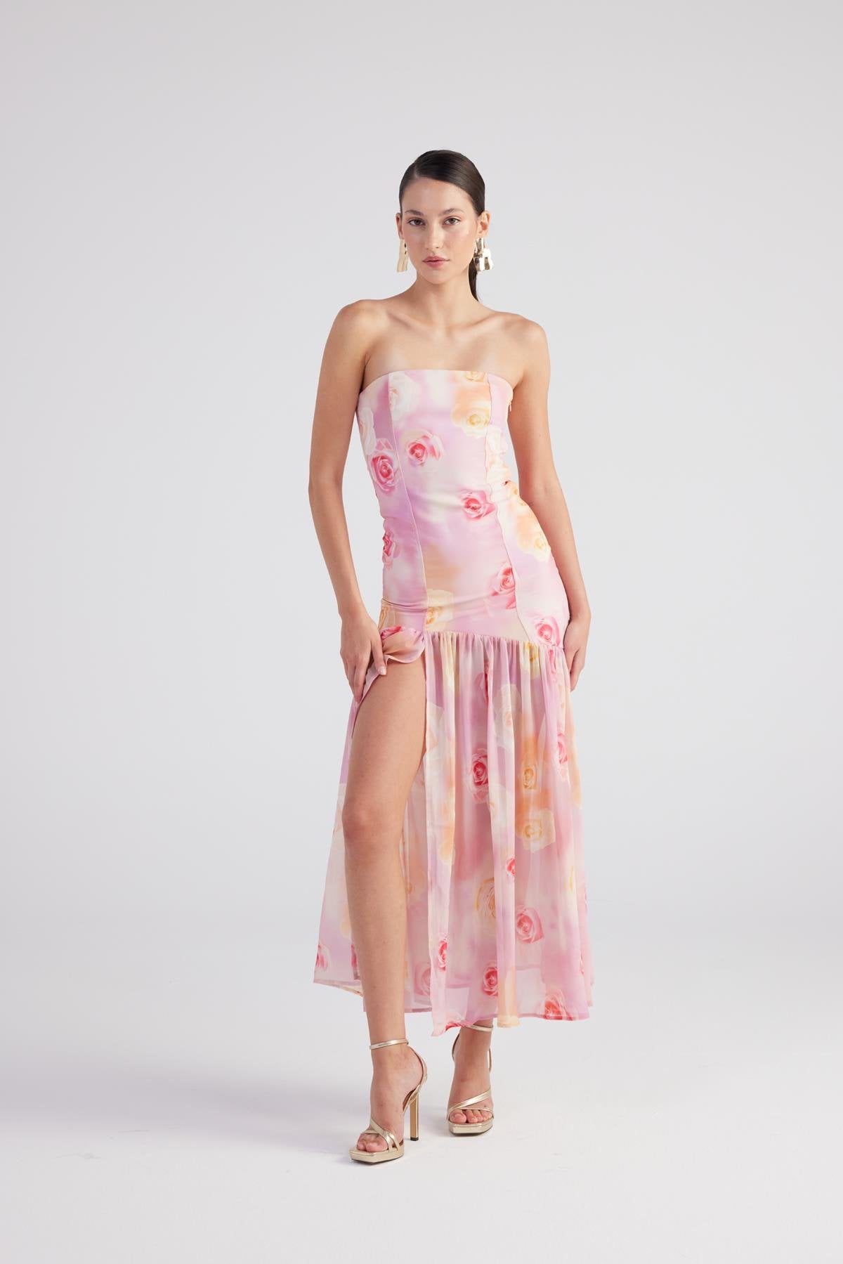 Gül Desenli Gipeli Yırtmaçlı Şifon Uzun Vivian Elbise Pembe Pembe L