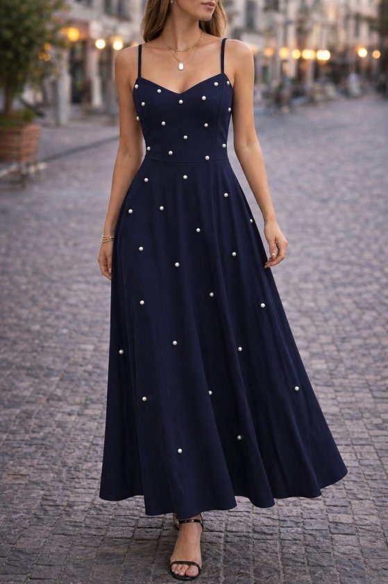 Women's Spaghetti Strap V-Neck Pearl Detailed Long Ruffled Crepe Dress