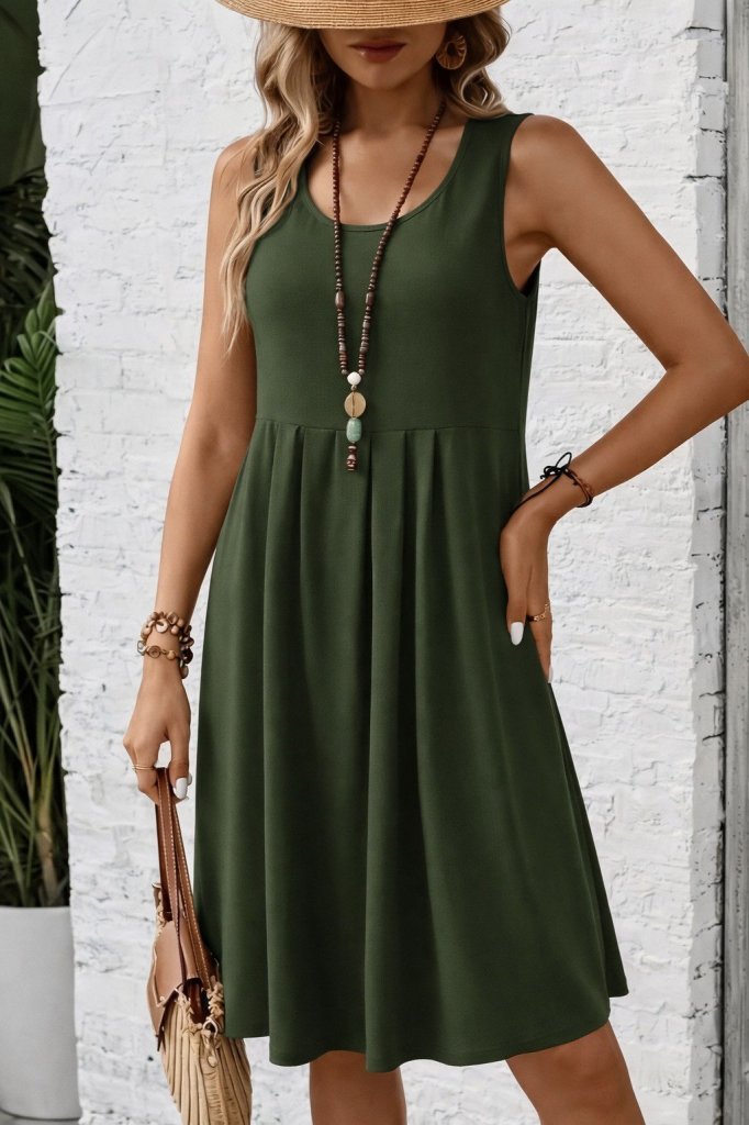 Women's Sleeveless Round Neck Front Pleated Short Aerobin Dress