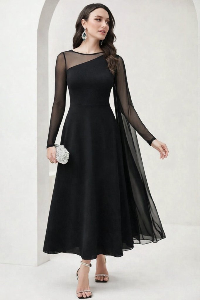 Women's Long Sleeve Semi-Turtleneck Mesh Detailed Long Sandy Dress