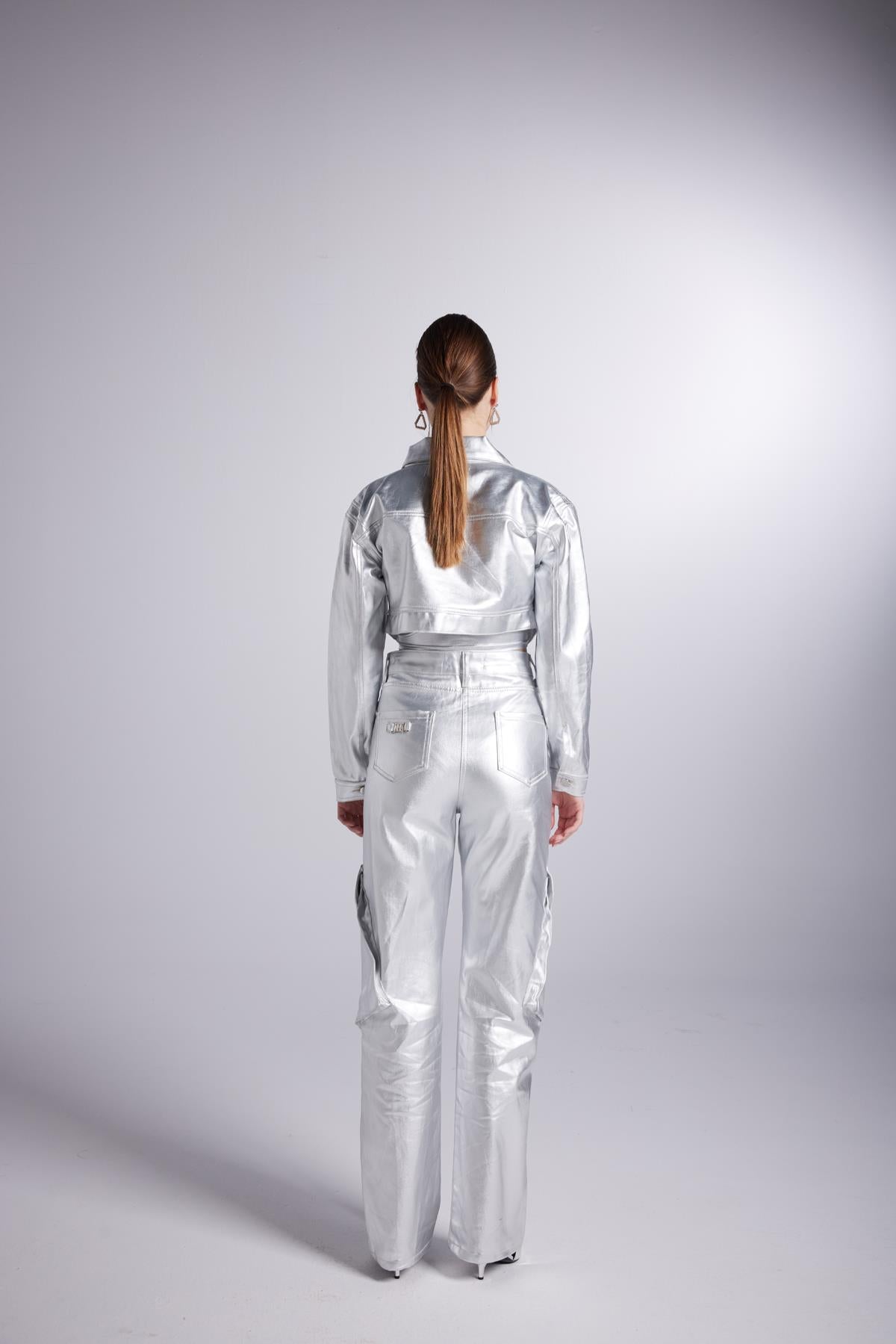 Varak Kaplama Crop Millen Ceket Gri