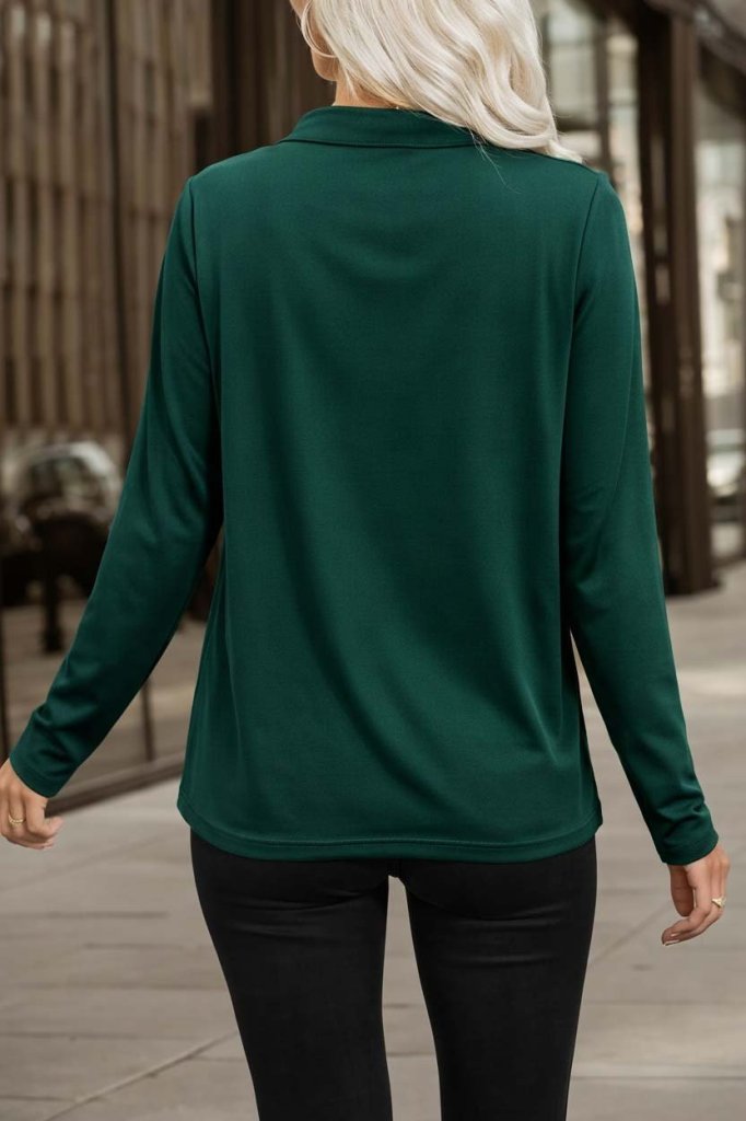 Women's Long Sleeve V Mandarin Collar Zipper Detailed Viscose Blouse