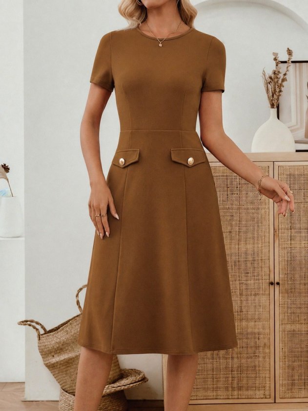 Women's Short Sleeve Crew Neck Pocket Detail Midi Imported Crepe Dress